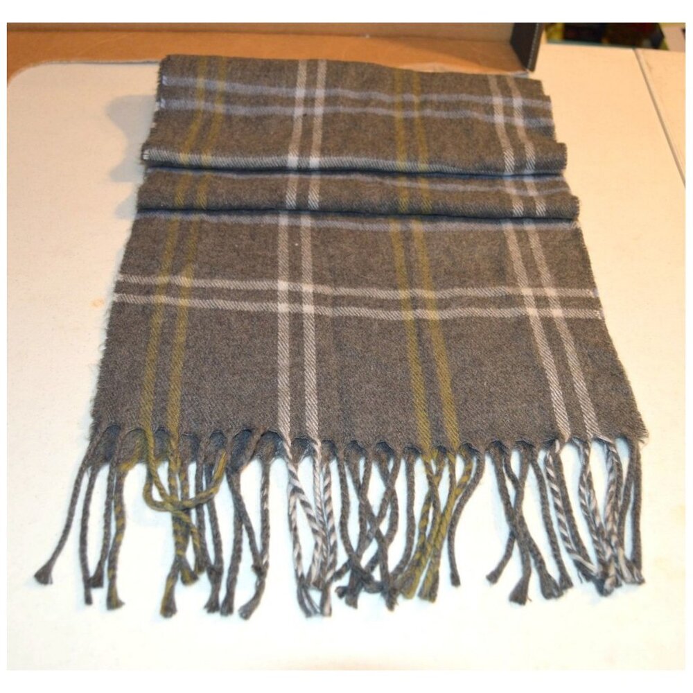 "Made In Italy" Brand Gray Plaid Scarf Wrap w/ Fringe Classic ~60" x 11"